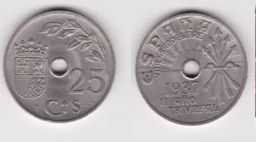 25 Centimos Cu-Ni Münze Spanien Segelschiff 1937 vz (156109)