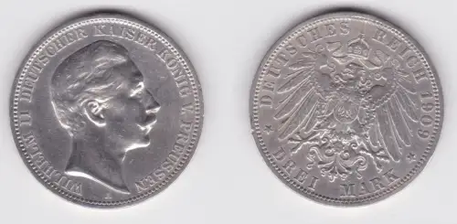3 Mark Silbermünze Preussen Kaiser Wilhelm II 1909 A Jäger 103 ss (161959)