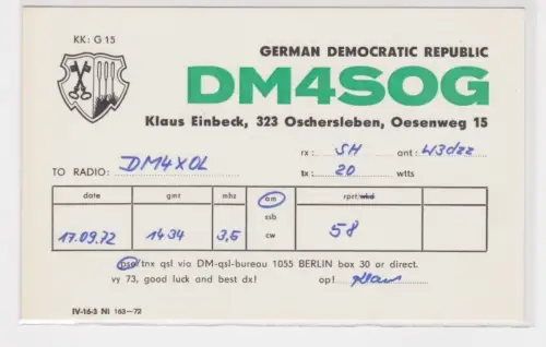 34087 QSL Karte Amateur Funker DDR Oschersleben mit Stadtwappen 1972