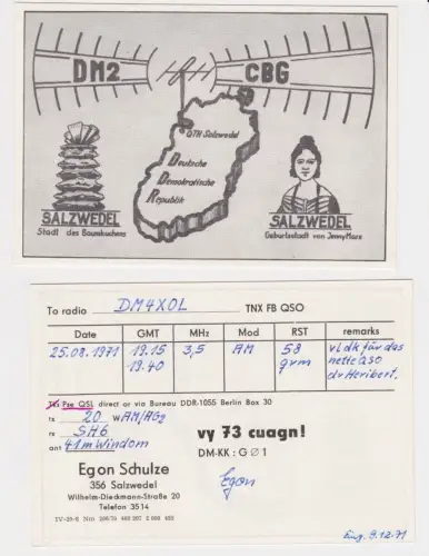 48402 QSL Karte Amateur Funker DDR Salzwedel Stadt des Baumkuchens 1971