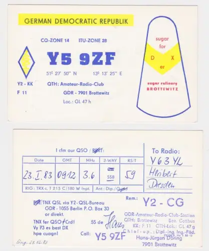 22069 QSL Karte Amateur Funker DDR Brottewitz Zucker Raffinerie 1983