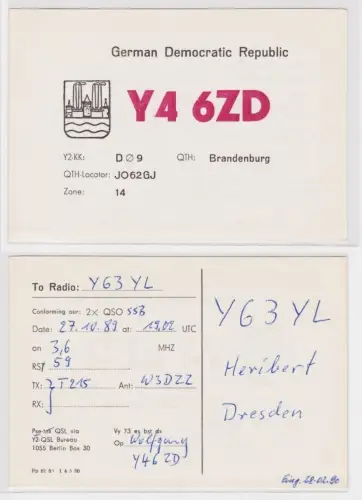 27478 QSL Karte Amateur Funker DDR Brandenburg mit Stadtwappen 1989