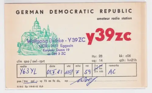 59372 QSL Karte Amateur Funker DDR Eggesin mit Stadtansicht 1981