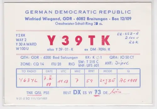 68894 QSL Karte Amateur Funker DDR Breitungen 1988