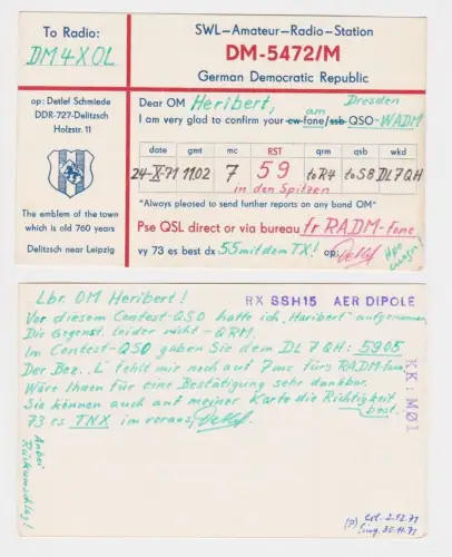 88450 QSL Karte Amateur Funker DDR Delitzsch mit Stadtwappen 1971