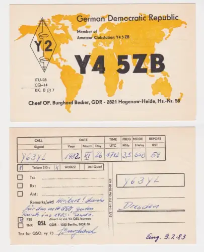 79636 QSL Karte Amateur Funker DDR Hagenow-Heide mit Weltkarte 1982