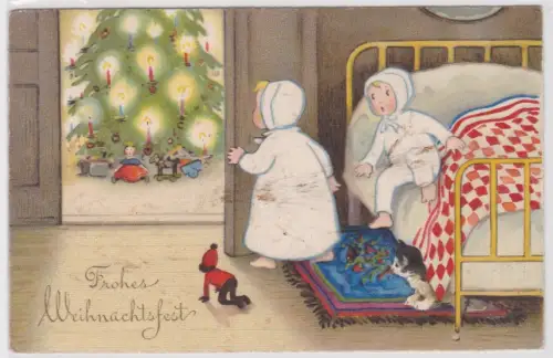 40916 Ak Katze jund Kinder staunen Weihnachtsbaum an um 1940