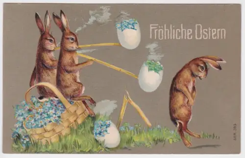 49424 Präge AK Fröhliche Ostern 3 Hasen rauchen Ostereierpfeifen 1909