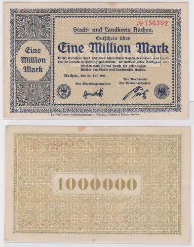1 Million Mark Banknote Inflation Notgeld Stadt & Landkreis Aachen 1923 (153080)