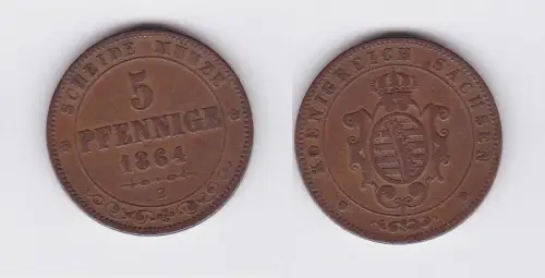 5 Pfennige Kupfer Münze Sachsen 1864 B (117300)