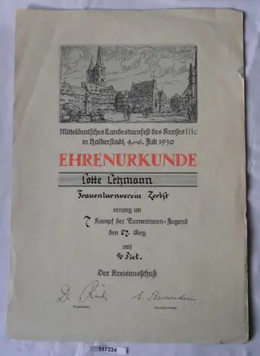 Ehrenurkunde Mitteldeutsches Landesturnfest Halberstadt 1930 (117234)