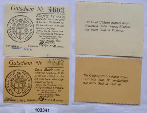 50 Pfennig & 2 Mark Banknoten Notgeld Sparkasse Brühl 14.8.1914 (103341)