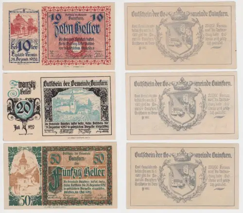 10,20 und 50 Heller Banknoten Notgeld Gemeinde Hainfarn 1920 (154763)