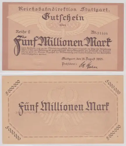 5 Million Mark Banknote Reichsbahndirektion Stuttgart 18.08.1923 (154548)