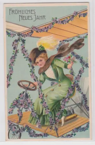 904099 Fröhliches neues Jahr Präge Ak Dame mit Flugapparat 1914