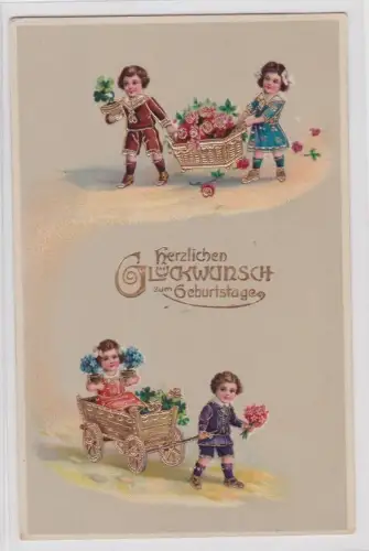 904100 Herzlichen Glückwunsch zum Geburtstage Ak 2 Kinder mit Handwagen und Korb