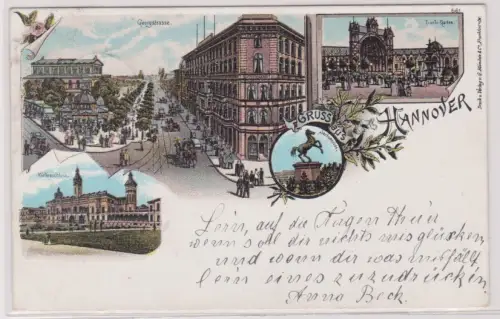 69035 Ak Lithographie Gruß aus Hannover Georgstraße, Sachsenross usw. 1898