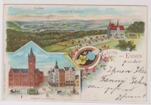 89819 Lithographie Ak Gruss aus Essen - Markt, Panorama des Ruhrthals, Ruhrstein