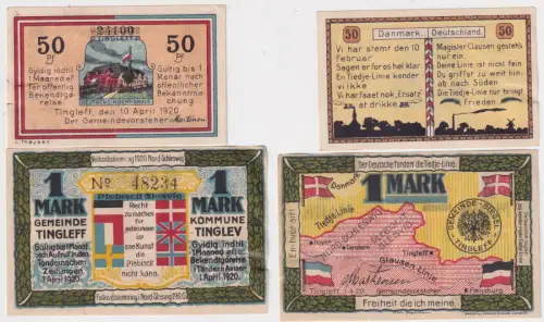 50 Pfennig 1 Mark Banknoten Notgeld Gemeinde Tingleff 1920 (146537)