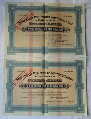 2x 10000 Mark Aktie Uhlig & Weiske Mühlenwerke AG Bad Lausick 17.4.1923 (105955)
