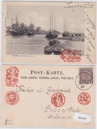 907207 AK Tientsin - Der Peiho-Fluss, Stempel Tangku 1902 Chinese Imperial Post