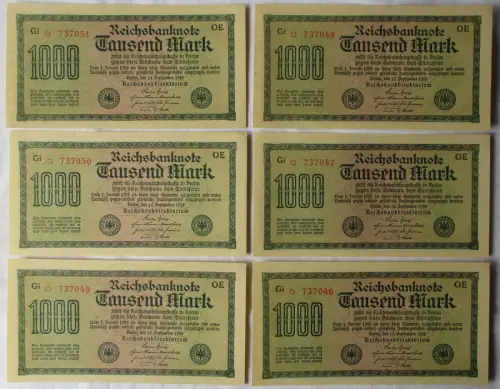 6 x 1000 Mark Banknote Berlin 1923 Ro. 73 fortlaufende Seriennummer (111431)