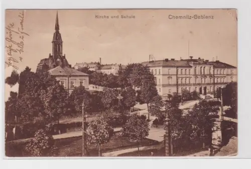 904820 Ak Chemnitz-Gablenz - Kirche und Schule, Parkanlagen 1925