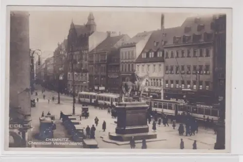 905071 Ak Chemnitz - Markt mit Straßenbahn- und Autoverkehr 1929