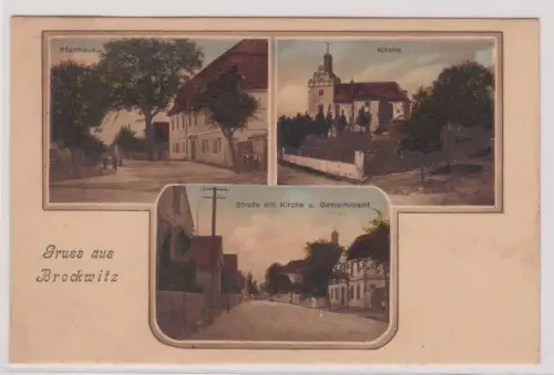 901509 Mehrbild Ak Gruß aus Brockwitz Straße mit Gemeindeamt, Kirche, Pfarrhaus 