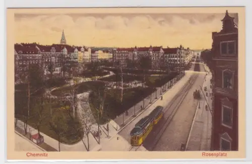 905295 Ak Chemnitz - Rosenplatz, Totalansicht mit Straßenbahn und Park