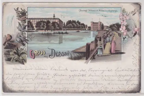 903316 Ak Lithographie Gruß aus Dessau herzogliches Schloss mit Mühle 1897