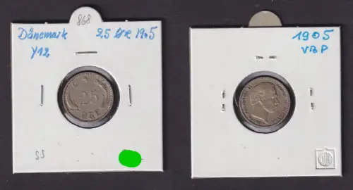 25 Öre Silber Münze Dänemark 1905 Delphin (154118)