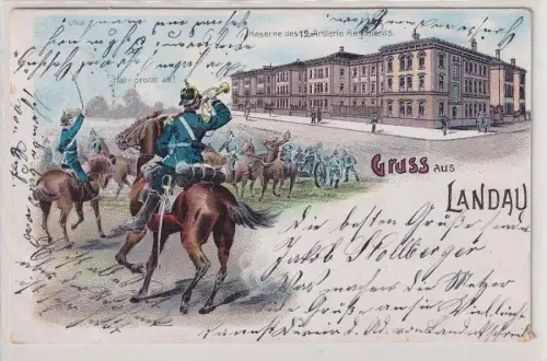 99780 Ak Lithographie Gruß aus Landau Kaserne des 12.Artillerie Regiments 1904