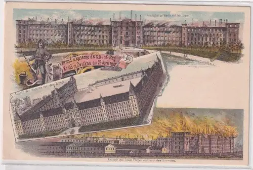 25449 Ak Lithographie Brand der Kaserne d.K.S.9.Inf.Reg.Nr.133 in Zwickau 1897