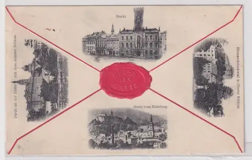 907028 Präge Ak Gruß aus Greiz Markt, Bismarckdenkmal usw. 1906