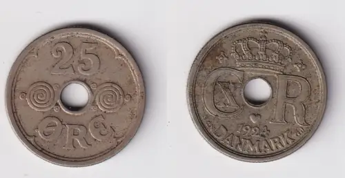25 Öre Kupfer Nickel Münze Dänemark 1924 ss+ (154159)