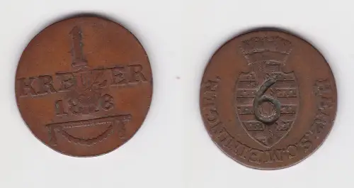 1 Kreuzer Bronze Münze Sachsen-Meiningen 1818 ss mit Gegenstempel (171233)
