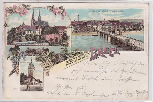 31957 Lithographie Ak Gruss aus Basel , Alte Rhein-Brücke mit Klein-Basel 1897