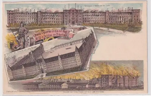 00455 Ak Lithographie Brand der Kaserne des K.S.9.Inf.Regt. 133 in Zwickau 1897