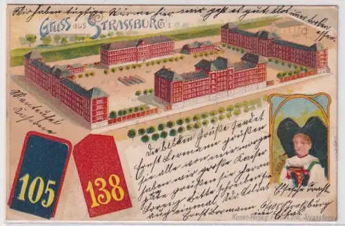 11206 Ak Lithographie Gruß aus Strassburg i.E. Kasernen der 105er & 138er 1905