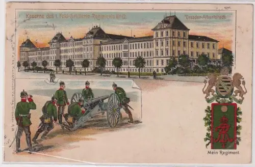 45875 Ak Lithographie Kaserne des 1.Feldartillerie Regiment Nr.12 Dresden Albert