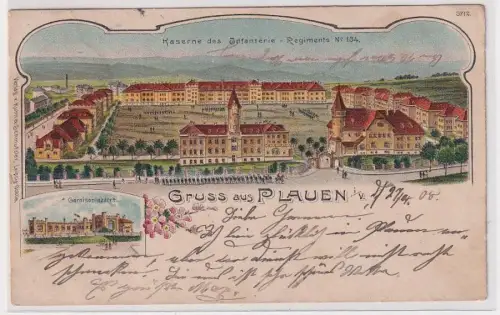 31979 Ak Lithographie Gruß aus Plauen Kaserne des Infanterie Regiments Nr.134