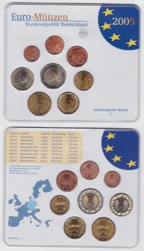BRD Deutschland KMS Euro-Münzen Kursmünzensatz 2005 - J - Hamburg (100942)