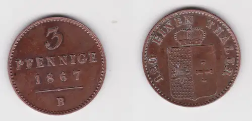 3 Pfennig Kupfer Münze Waldeck und Pyrmont 1867 B ss+ (171563)