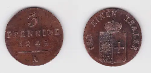 3 Pfennig Kupfer Münze Waldeck Pyrmont 1843 A vz+ (171614)