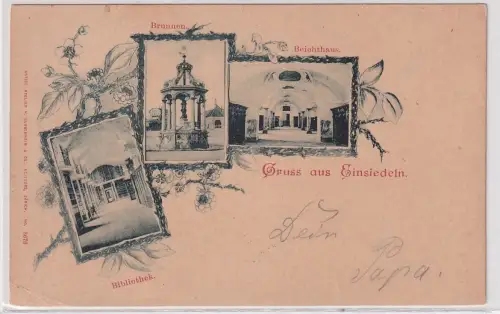 09006 Ak Gruss aus Einsiedeln Brunnen, Beichthaus, Bibliothek 1899