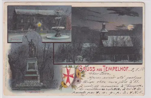 902774 Ak Lithographie Gruß aus Tempelhof Amtshaus, Kriegerdenkmal usw. 1900