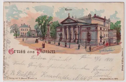 904743 Ak Lithographie Gruß aus Plauen im Vogtland Theater 1900