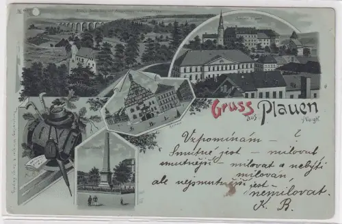 904649 Mondscheinkarte Gruß aus Plauen im Vogtland Kriegerdenkmal usw. 1900