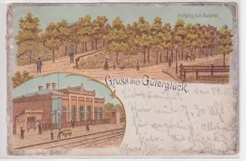 09933 Ak Lithographie Gruß aus Güterglück Bahnhof, Aufgang zum Bahnhof 1900